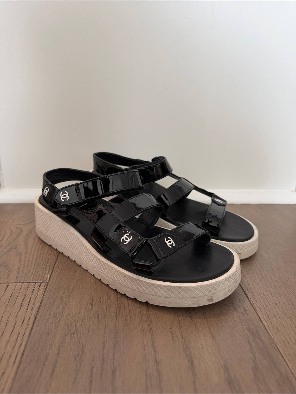 CHANEL Black Patent Platform Sandals